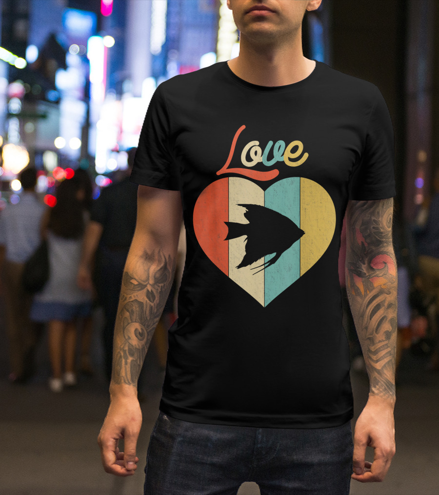 Love Heart With Angelfish Vintage Retro Stripes T-Shirt