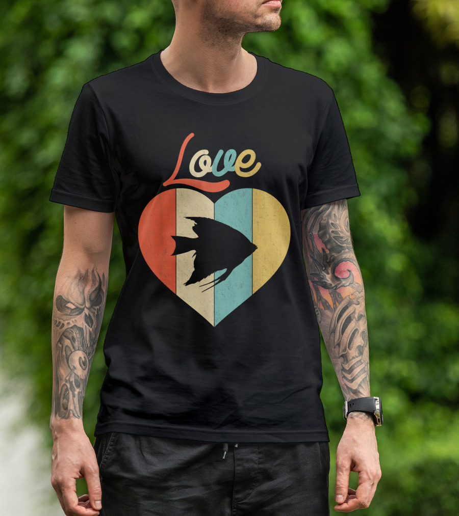 Love Heart With Angelfish Vintage Retro Stripes T-Shirt
