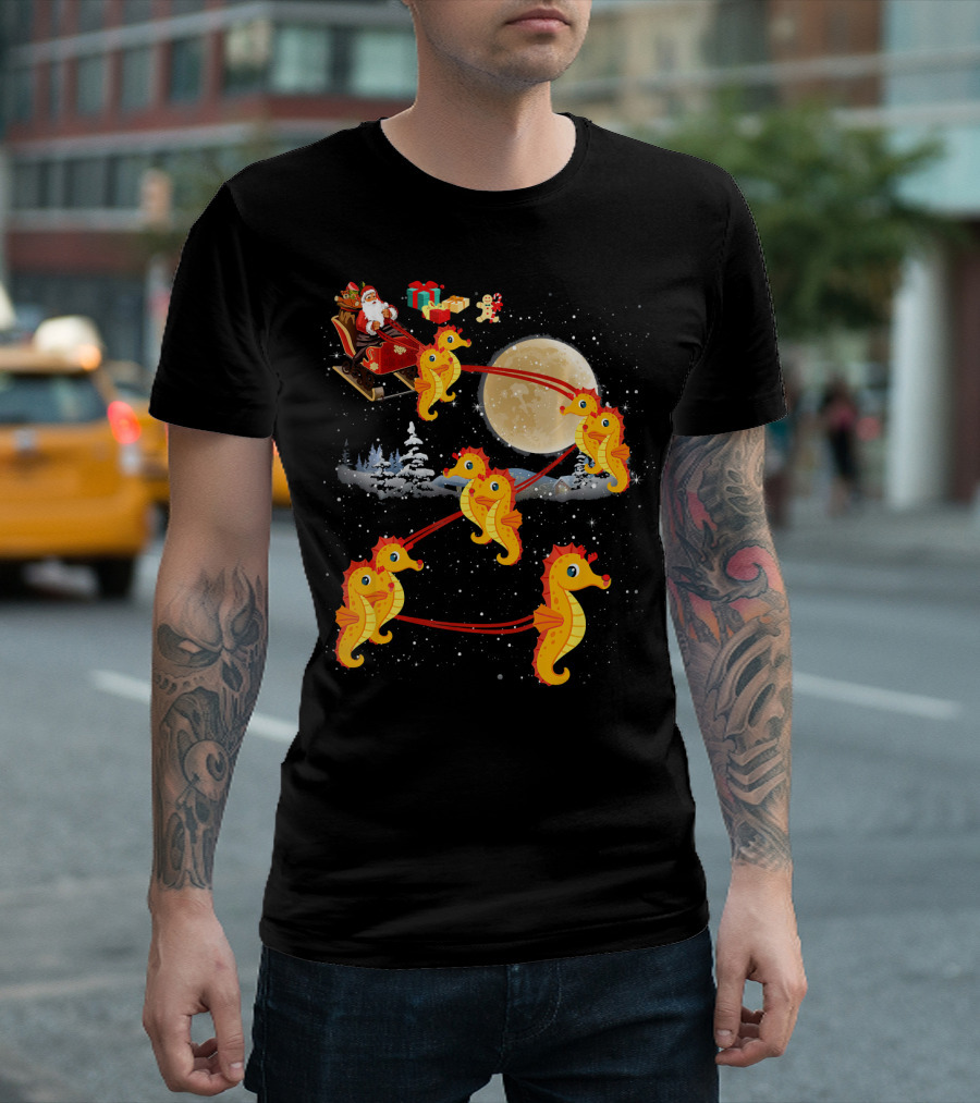 Santa's Sleigh Pulled by Seahorse Reindeer in Winter Wonderland Scene T-Shirt