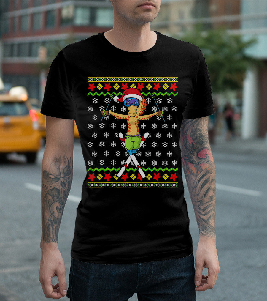 Skiing Giraffe Santa Ugly Christmas Ski T-Shirt