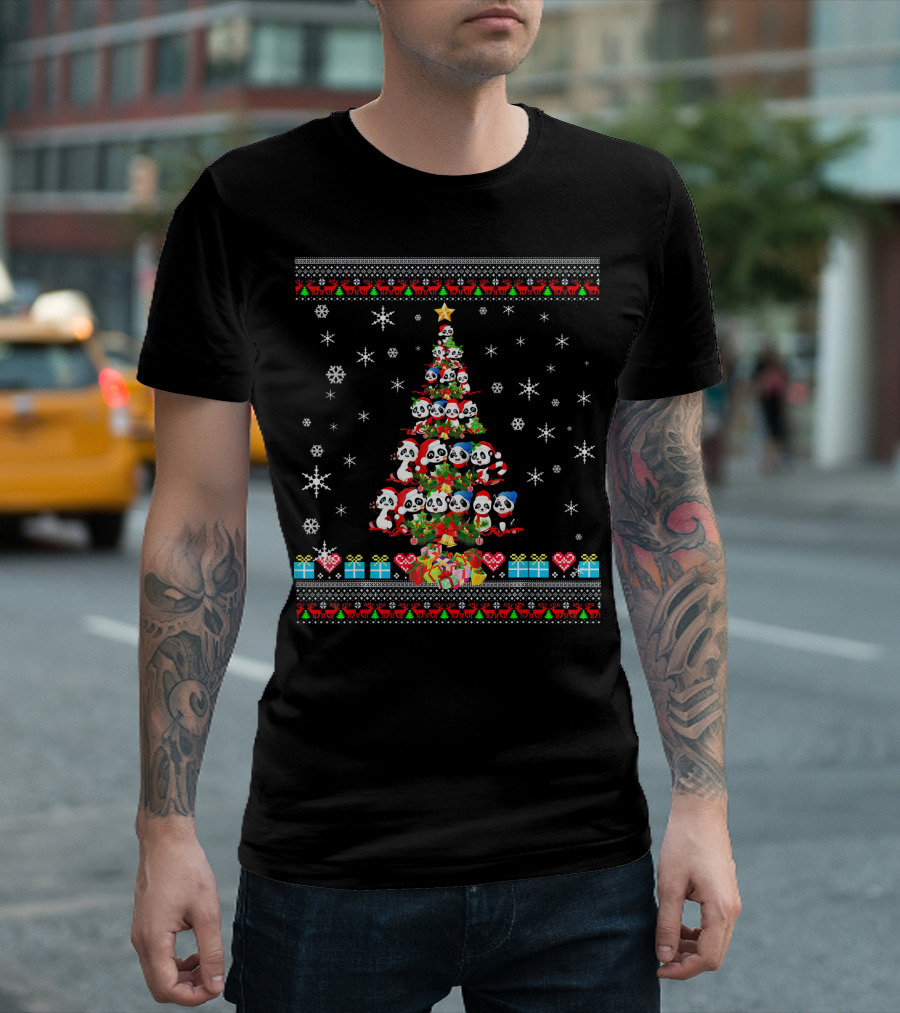 Ugly Christmas Tree Panda Lovers Snowflakes and Presents T-Shirt