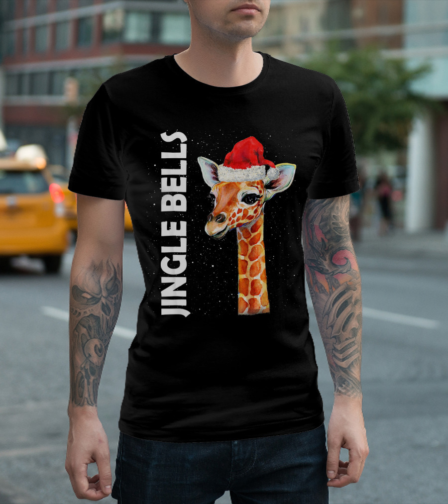 Tee89s Giraffe Jingle Bells Santa Hat T-Shirt