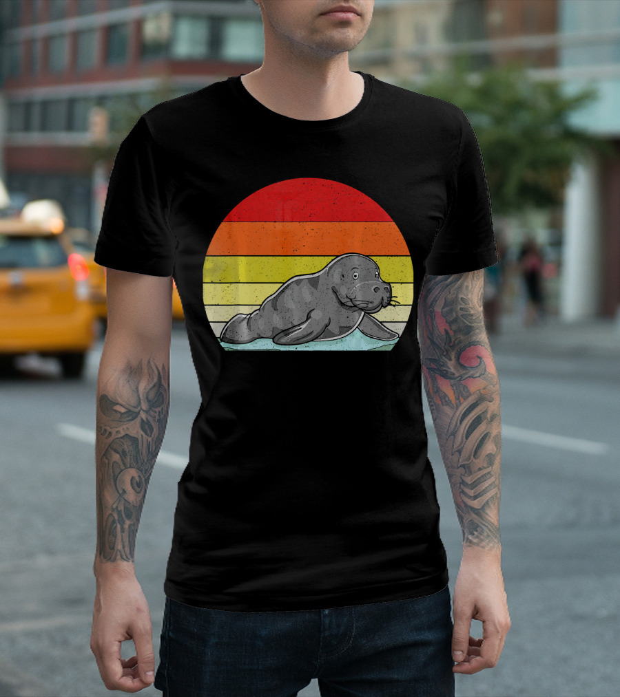 Retro Sunset Manatee Animal Lover Zookeeper T-Shirt