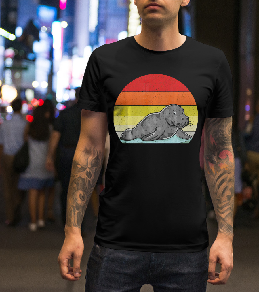 Retro Sunset Manatee Animal Lover Zookeeper T-Shirt