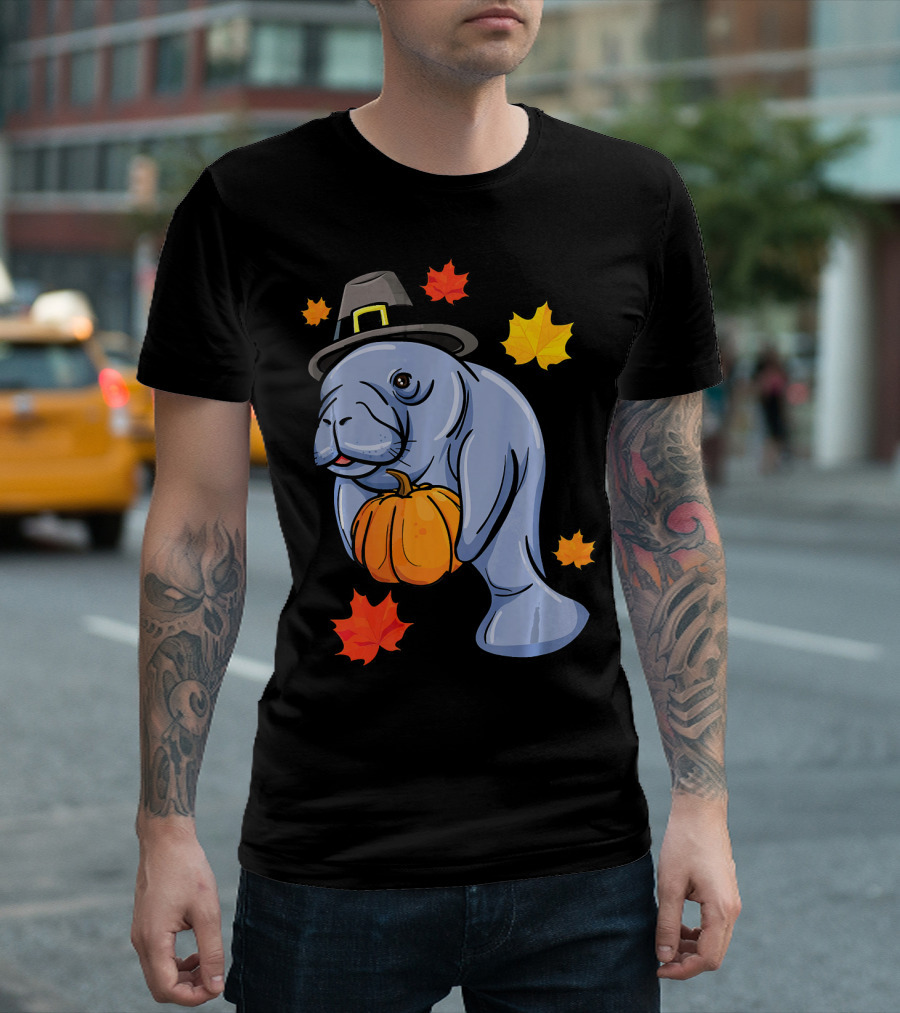 Thanksgiving Manatee Pilgrim Fall Pumpkin And Autumn Leaves T-Shirt