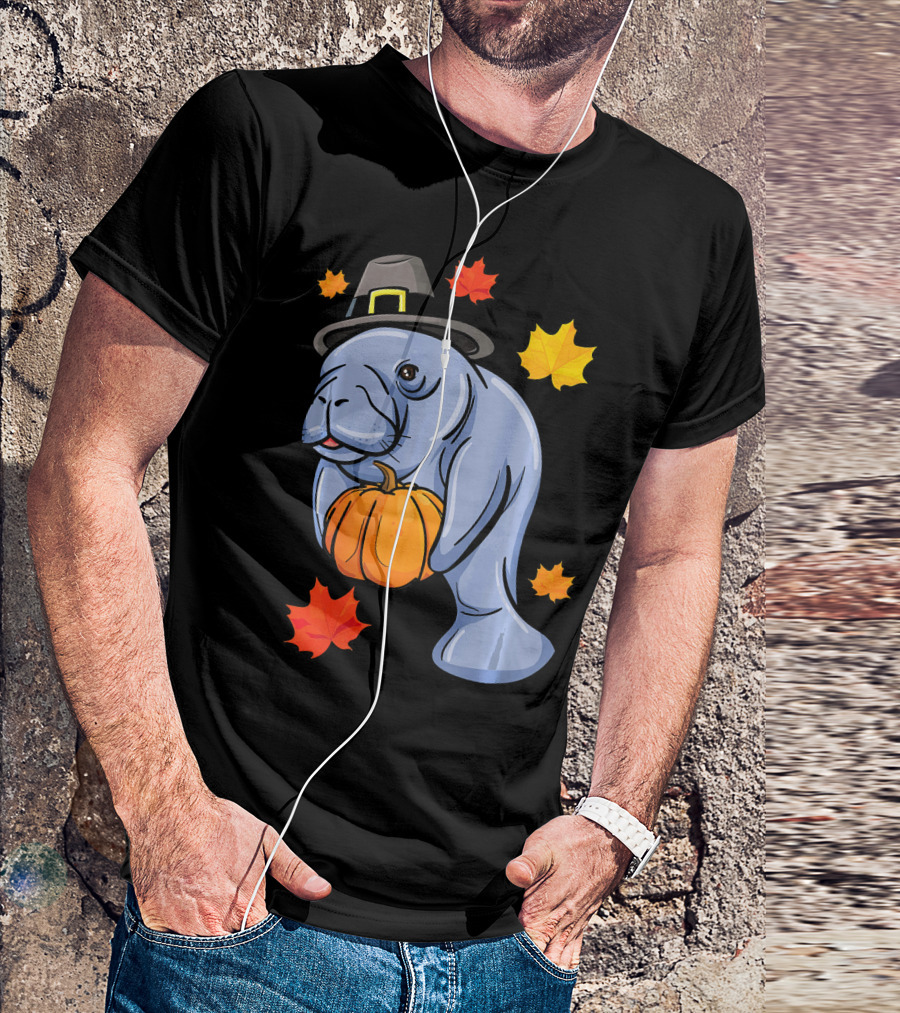 Thanksgiving Manatee Pilgrim Fall Pumpkin And Autumn Leaves T-Shirt
