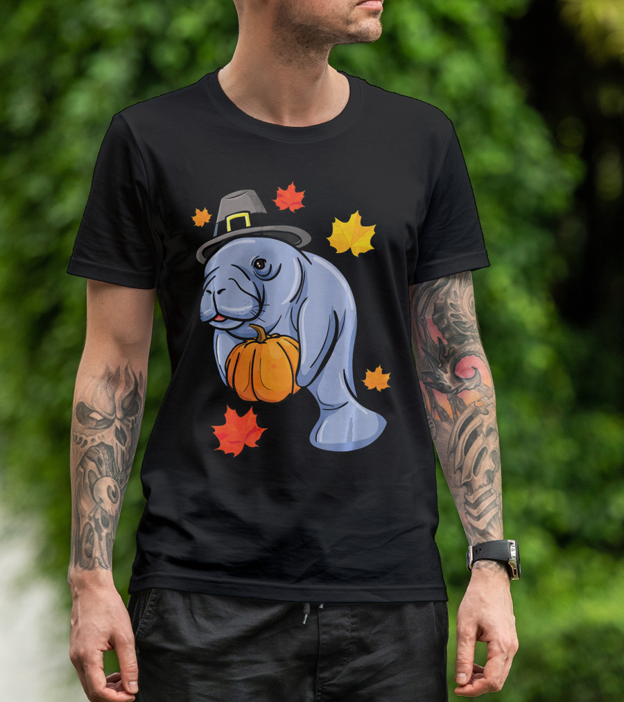 Thanksgiving Manatee Pilgrim Fall Pumpkin And Autumn Leaves T-Shirt