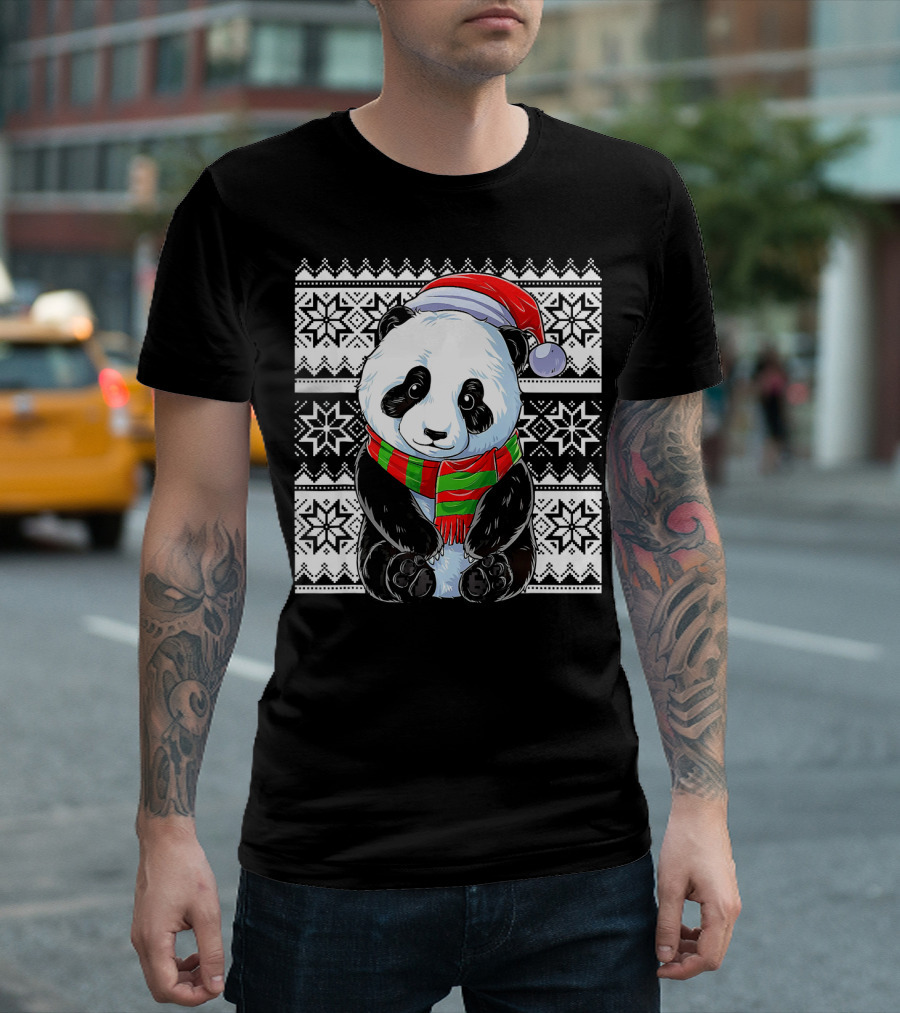 Ugly Christmas Cute Panda Santa Hat Festive T-Shirt