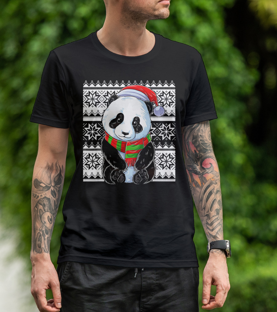 Ugly Christmas Cute Panda Santa Hat Festive T-Shirt