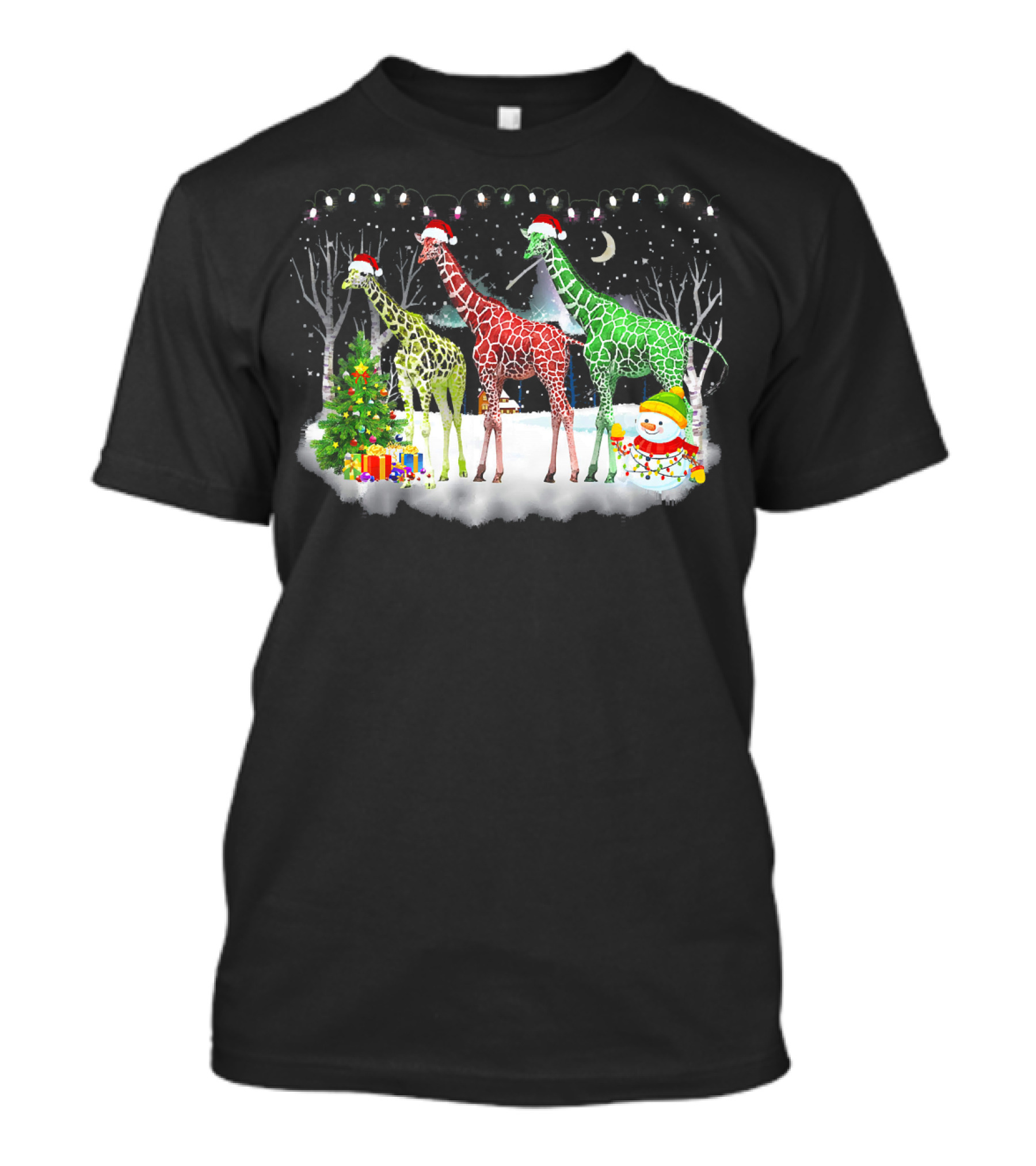 Giraffes With Santa Hats And Christmas Lights In Winter Scene T-Shirt