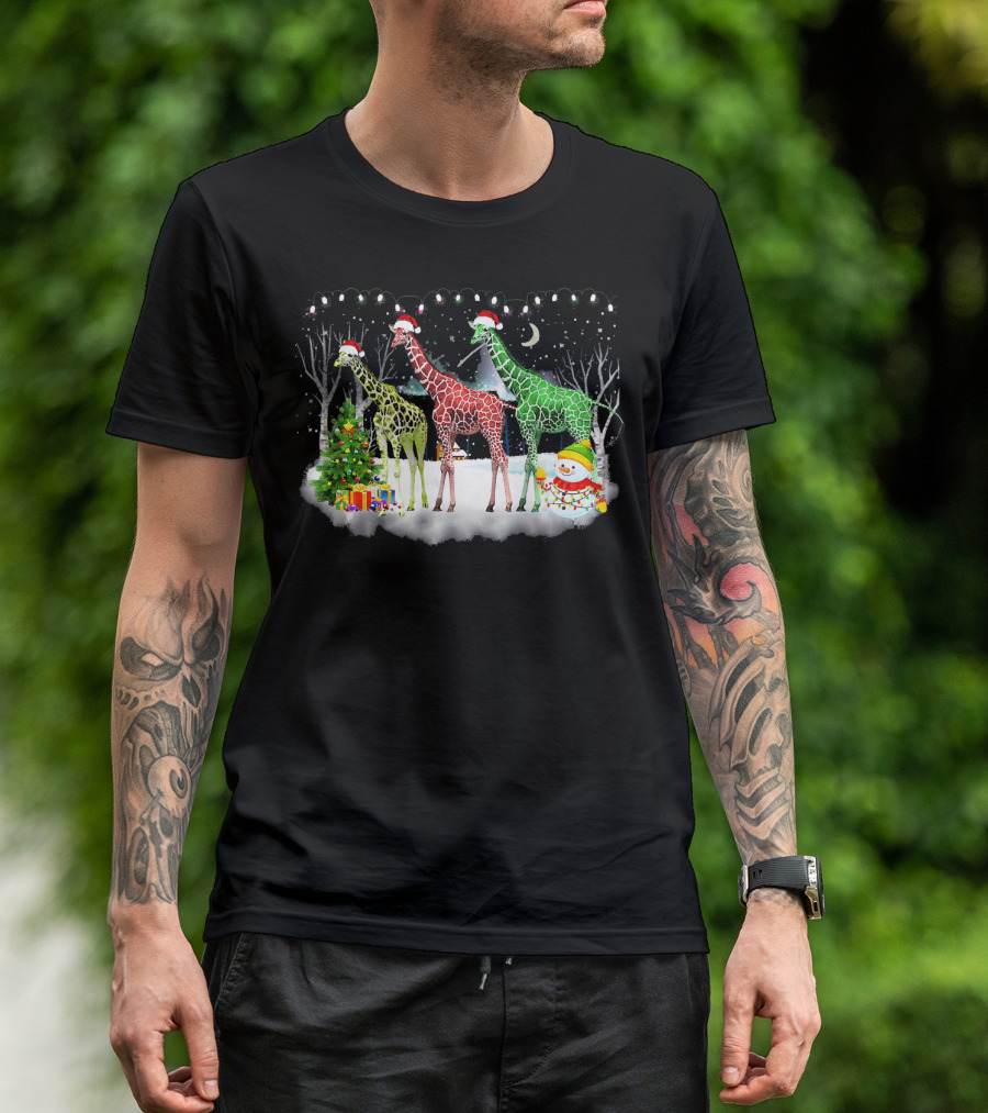 Giraffes With Santa Hats And Christmas Lights In Winter Scene T-Shirt
