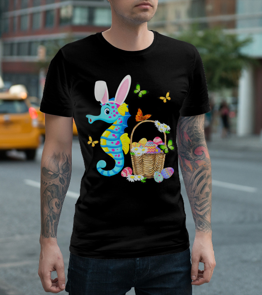 Seahorse Bunny With Easter Eggs And Butterflies T-Shirt