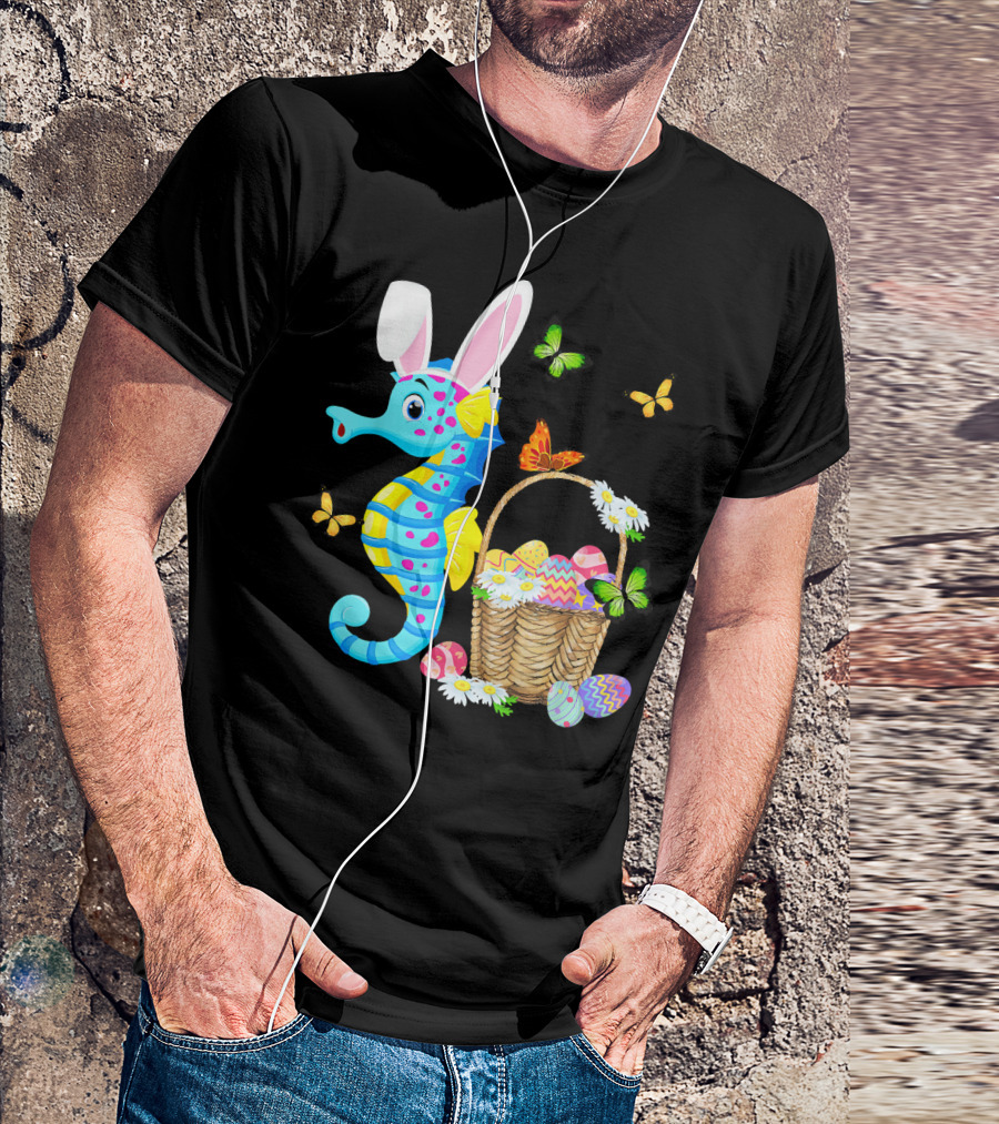 Seahorse Bunny With Easter Eggs And Butterflies T-Shirt