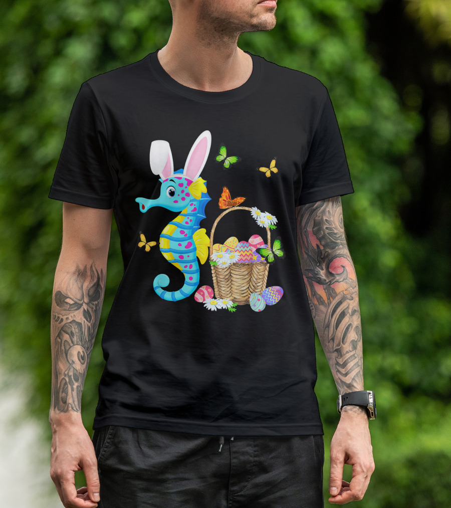 Seahorse Bunny With Easter Eggs And Butterflies T-Shirt