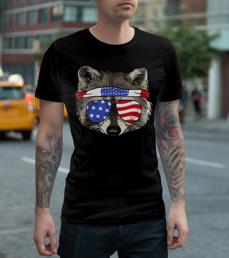 USA Patriotic Raccoon Stars And Stripes Sunglasses July T-Shirt
