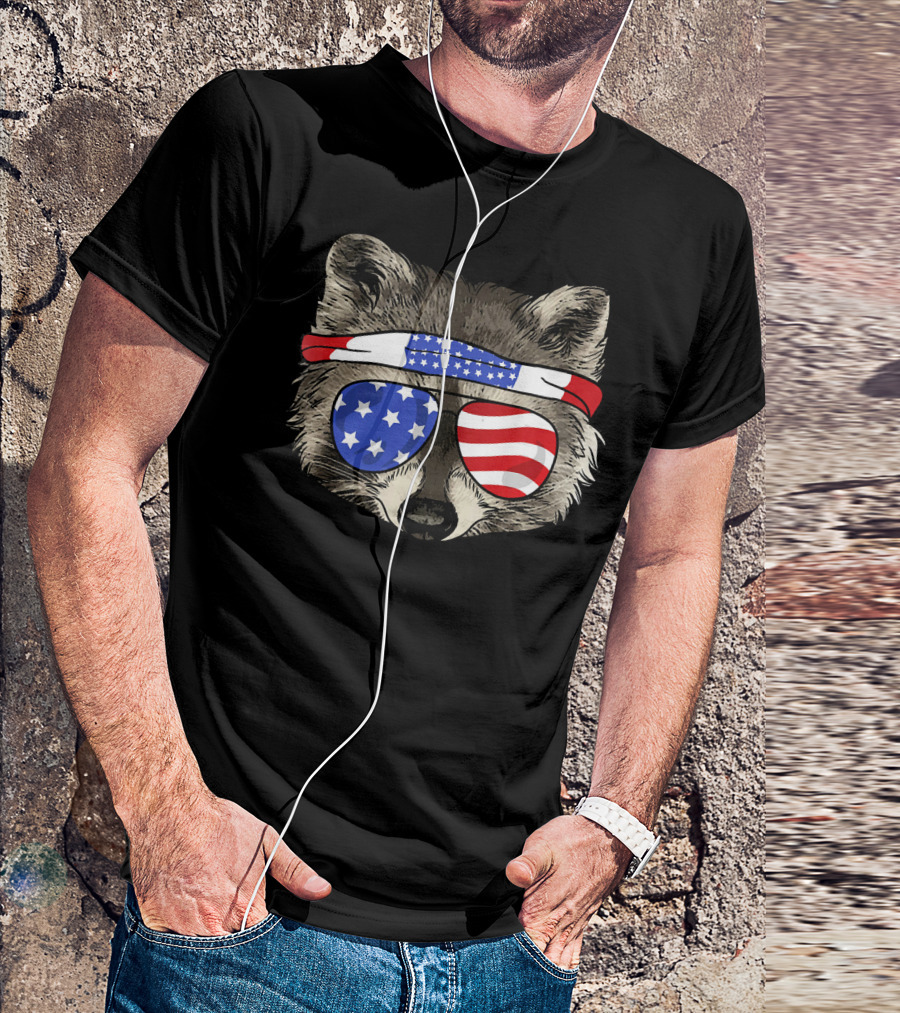 USA Patriotic Raccoon Stars And Stripes Sunglasses July T-Shirt