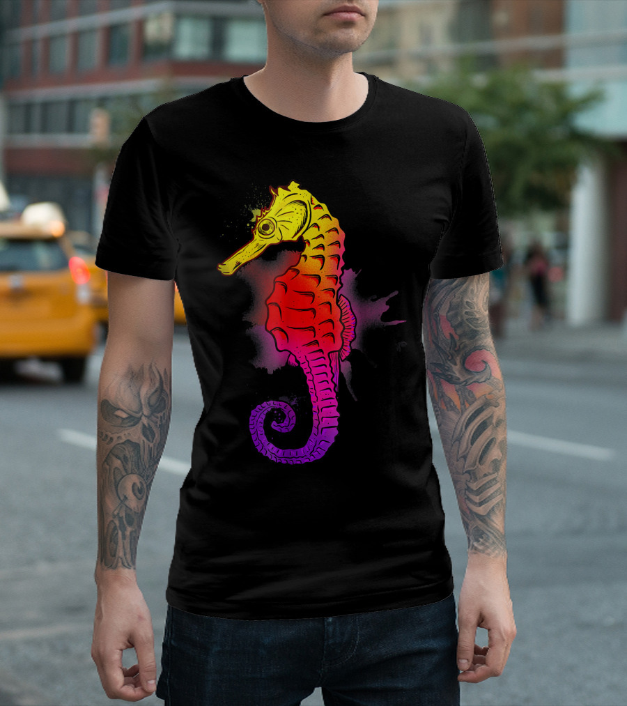 Seahorse Watercolors Neon Gradient Sea Life T-Shirt