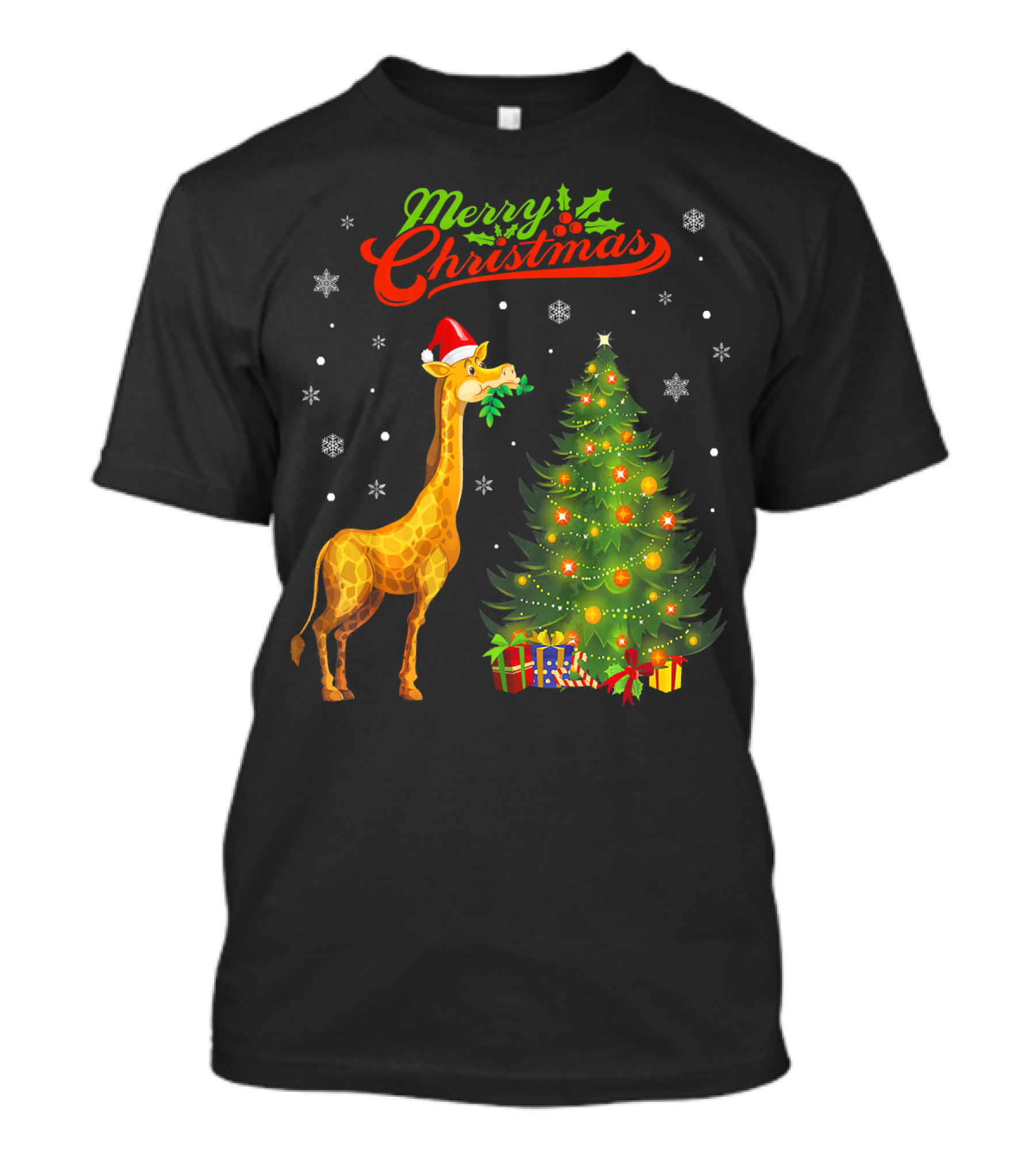 Merry Christmas Giraffe With Santa Hat, Festive Tree, And Snowflakes T-Shirt