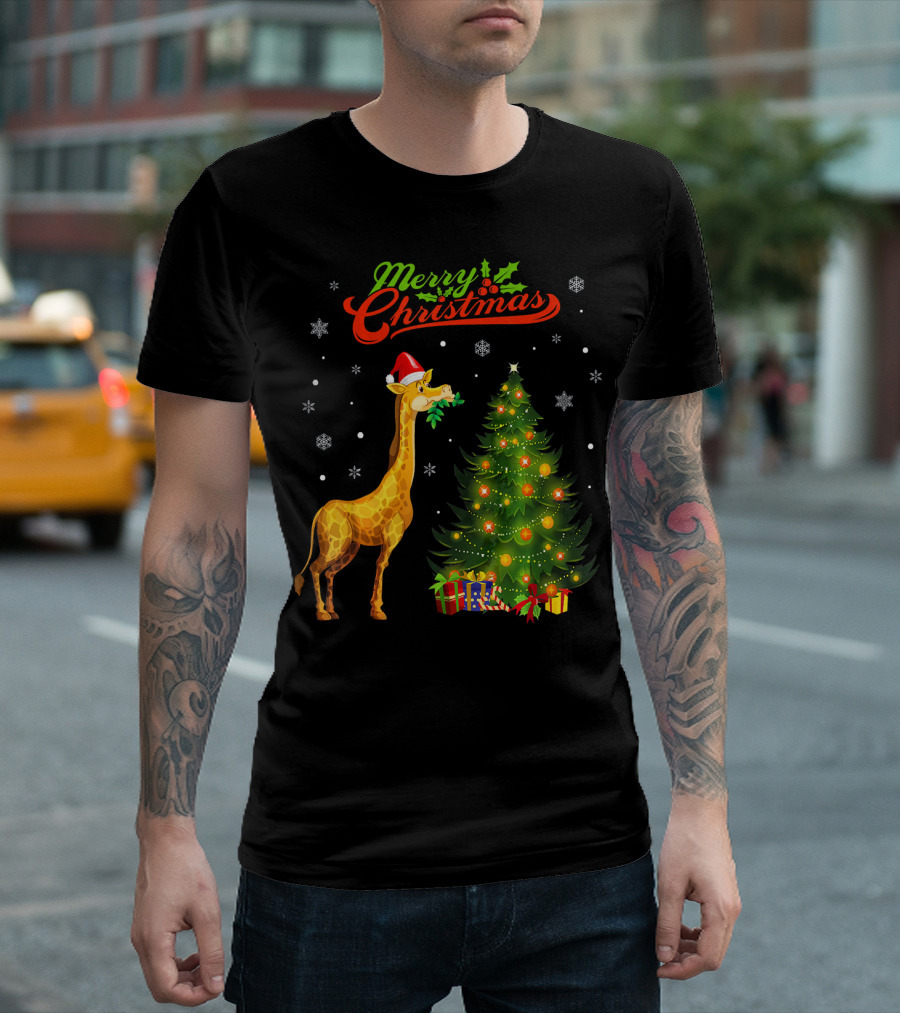 Merry Christmas Giraffe With Santa Hat, Festive Tree, And Snowflakes T-Shirt