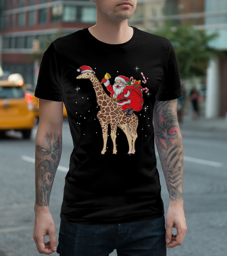 Santa Riding Giraffe with Gifts and Bell T-Shirt