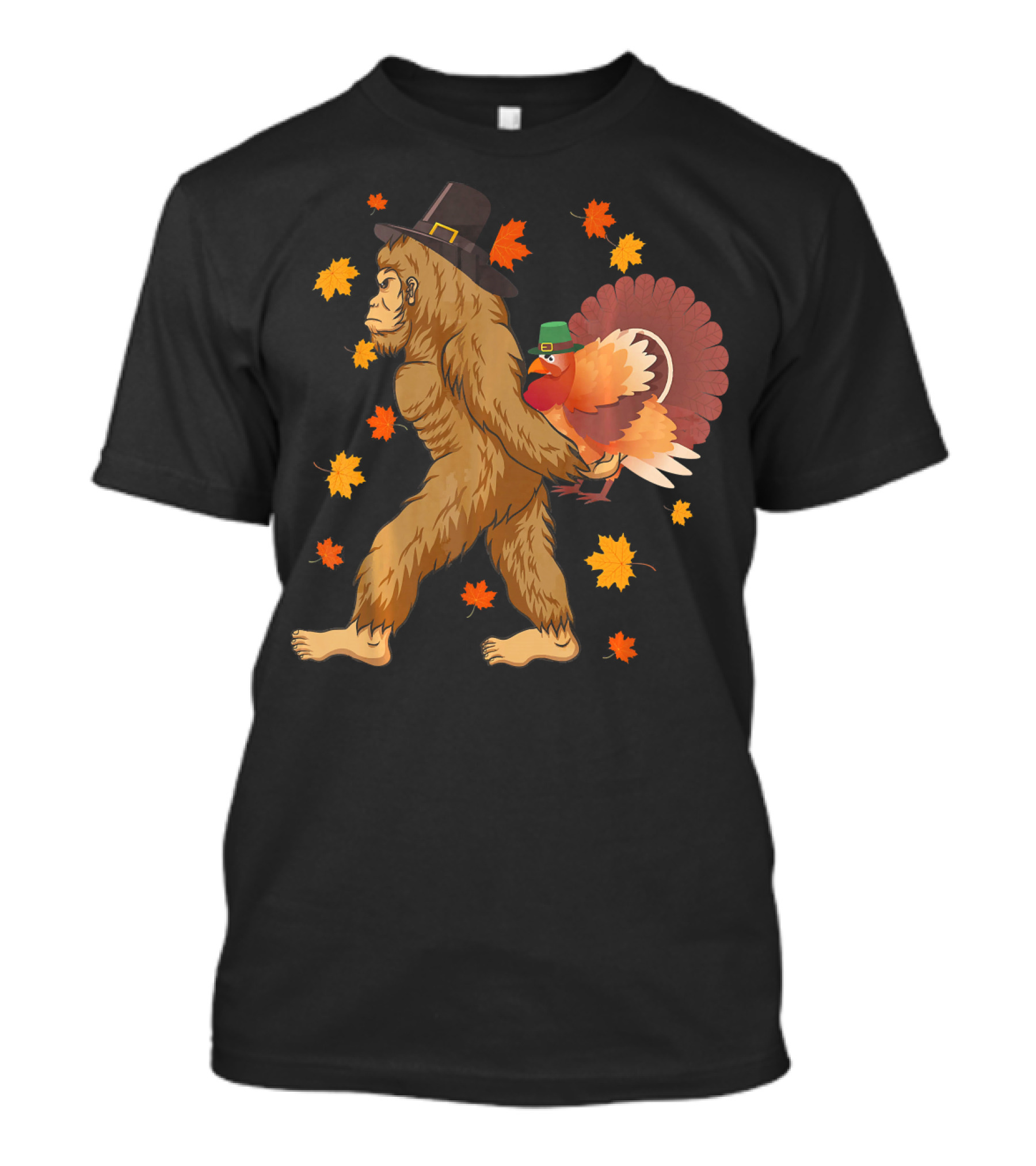 Thanksgiving Day Funny Gorilla Pilgrim With Turkey And Autumn Leaves T-Shirt
