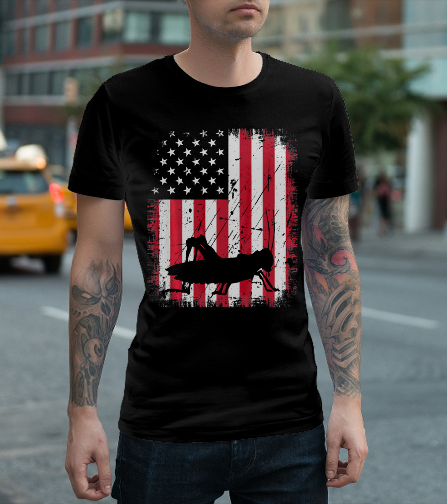 Retro Vintage Grasshopper on Distressed American Flag Background T-Shirt