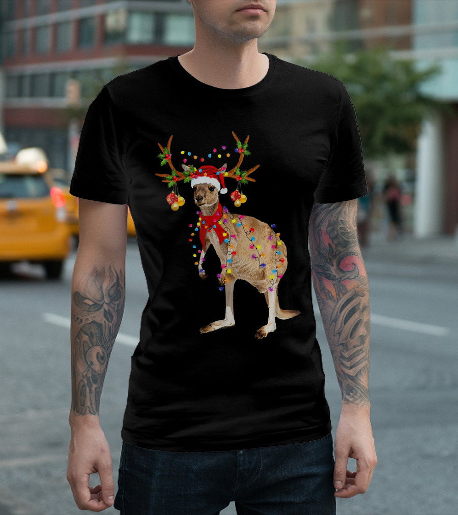 Kangaroo with Christmas Lights and Reindeer Antlers T-Shirt