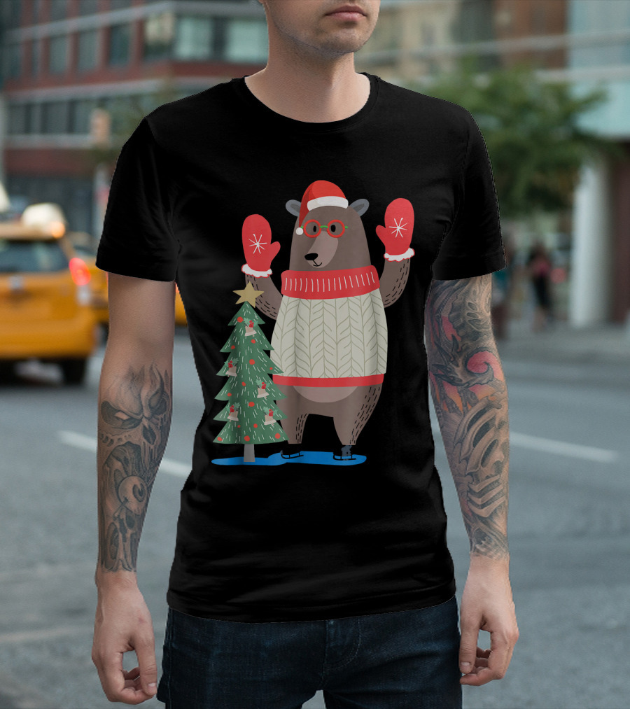 The Big Christmas Bear in Sweater with Santa Hat and Mittens Near Festive Decorated Tree T-Shirt