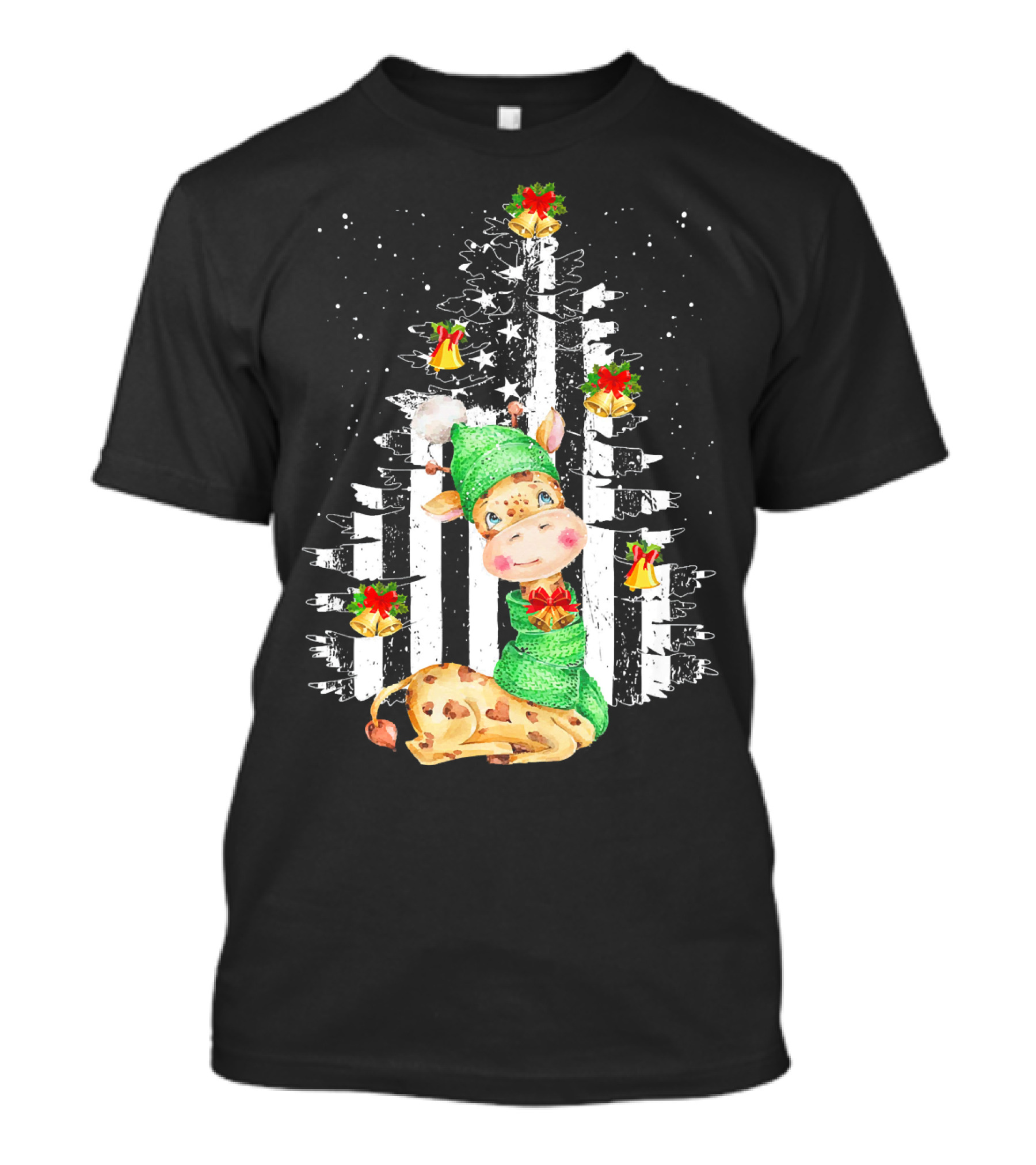 Tee89s Festive Giraffe In Christmas Tree With Bells And Stars T-Shirt