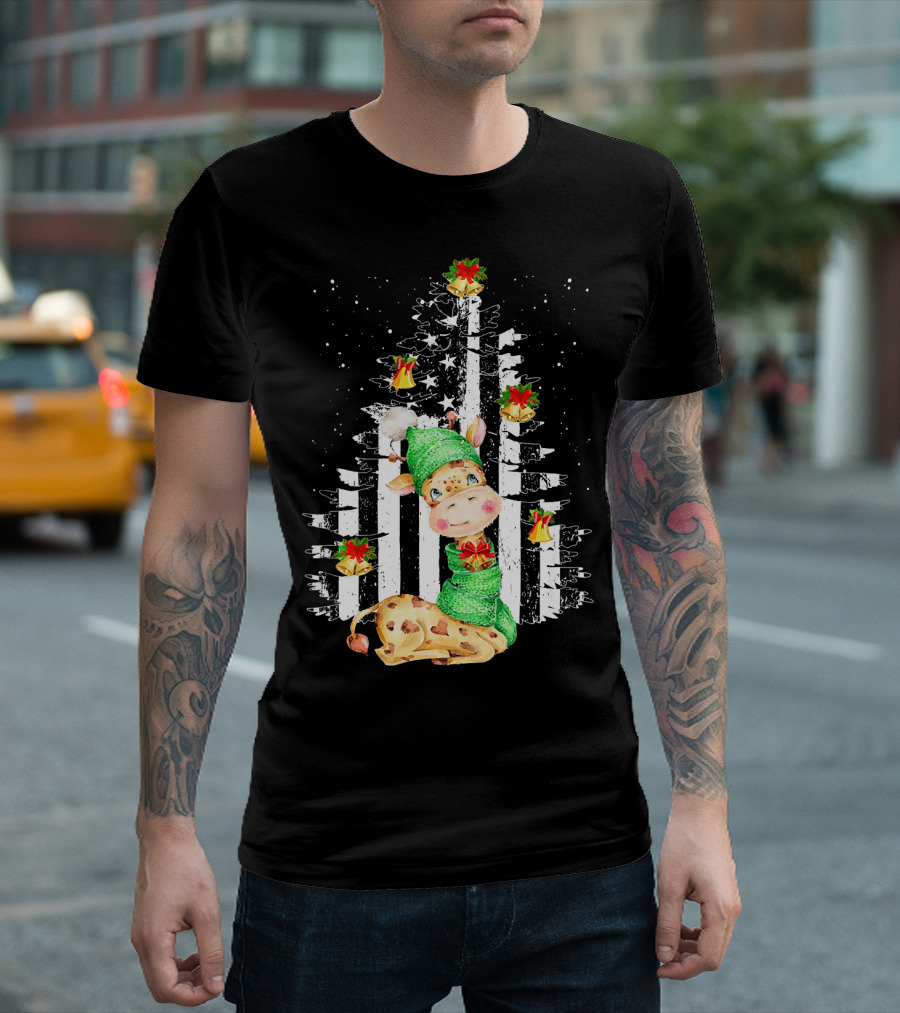 Tee89s Festive Giraffe in Christmas Tree with Bells and Stars T-Shirt