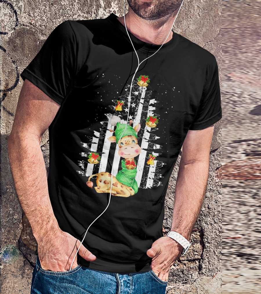Tee89s Festive Giraffe In Christmas Tree With Bells And Stars T-Shirt