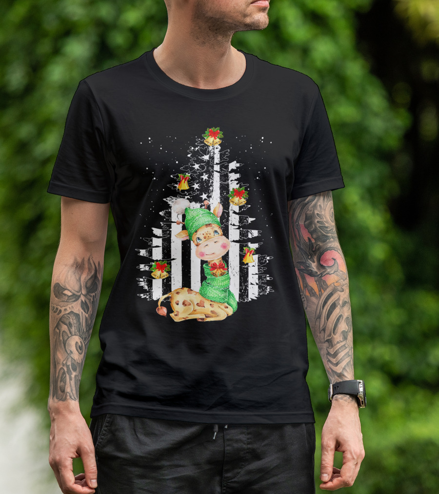 Tee89s Festive Giraffe In Christmas Tree With Bells And Stars T-Shirt