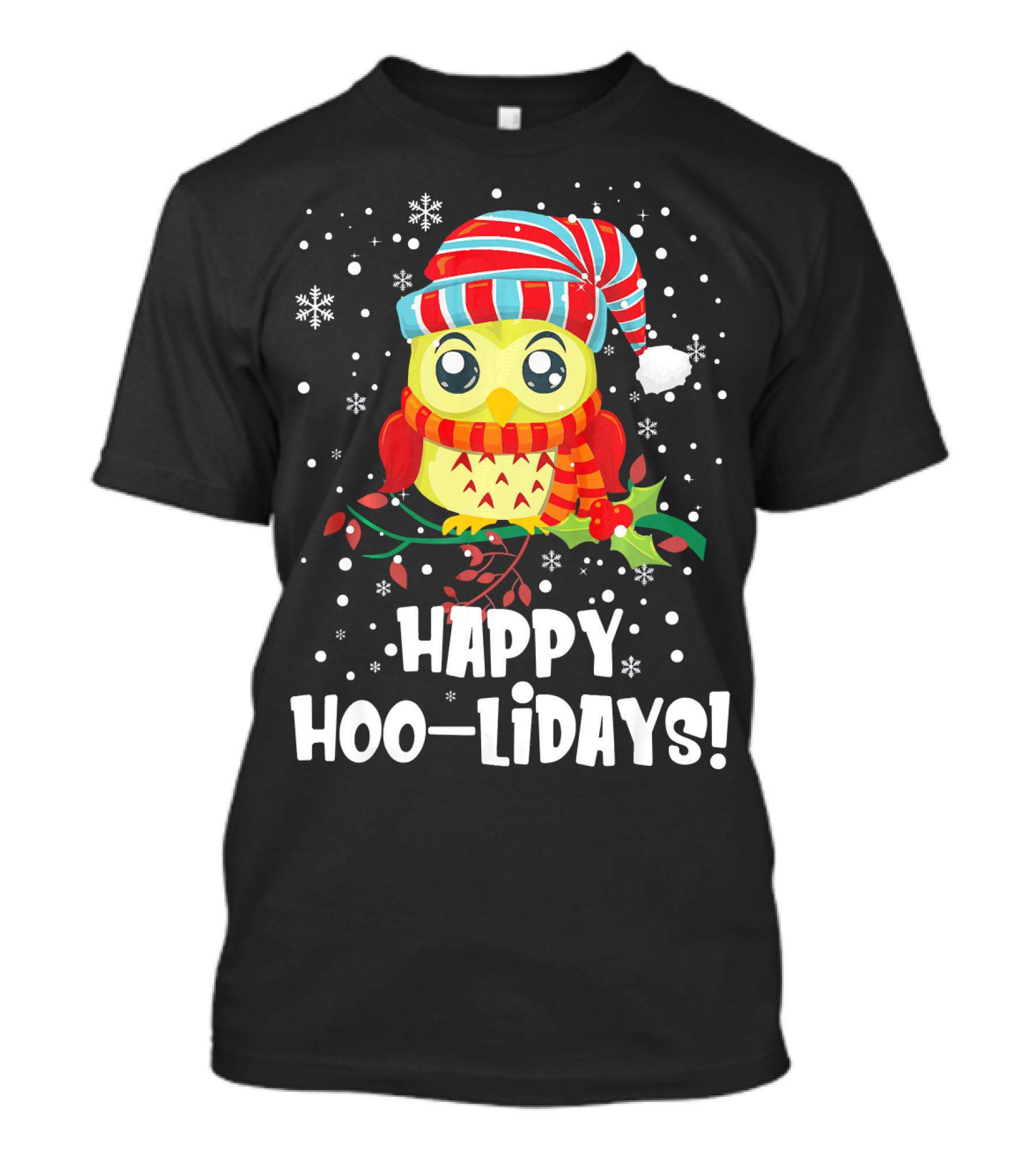 Happy Hoo-Lidays Owl Snowflakes And Striped Santa Hat T-Shirt
