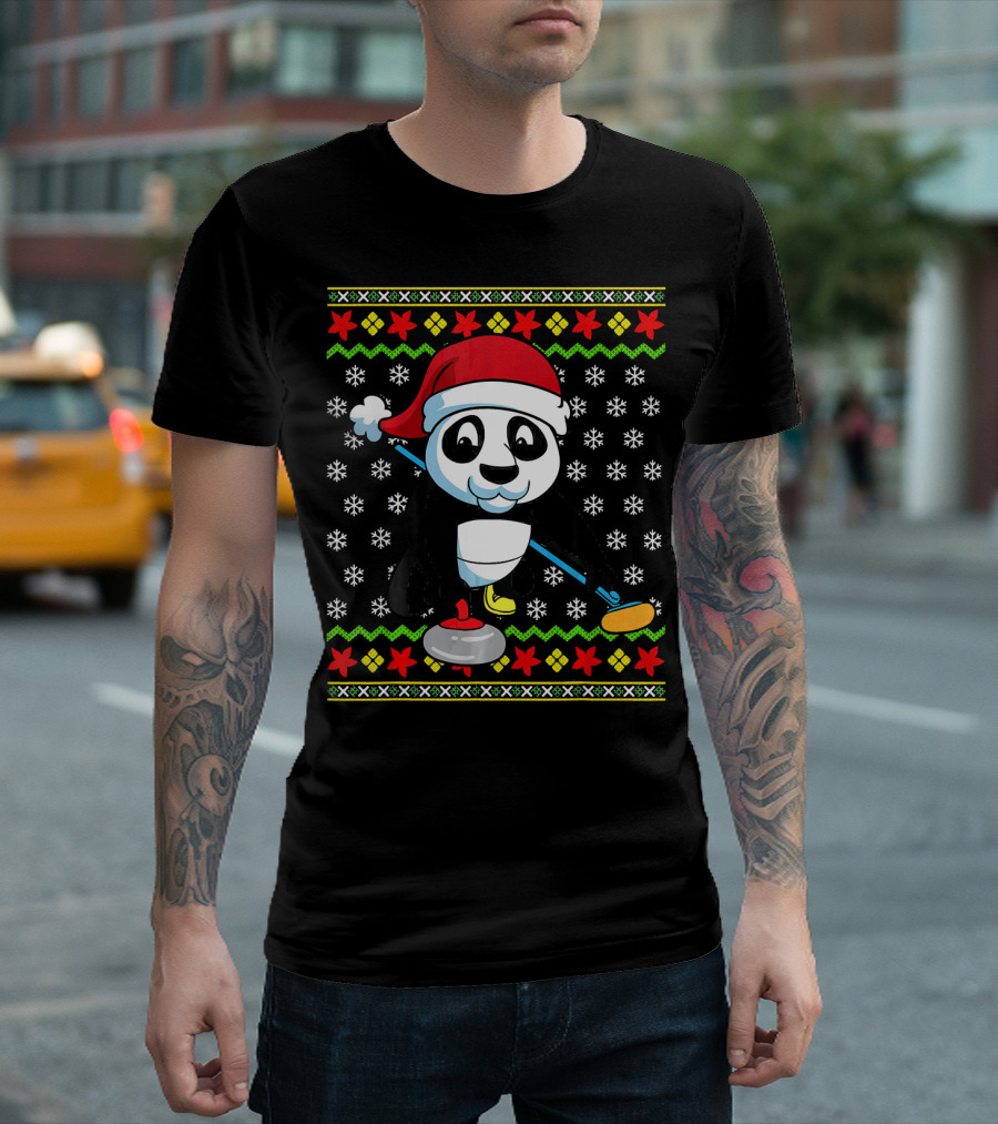 Christmas Panda Curling Santa Hat Ugly T-Shirt
