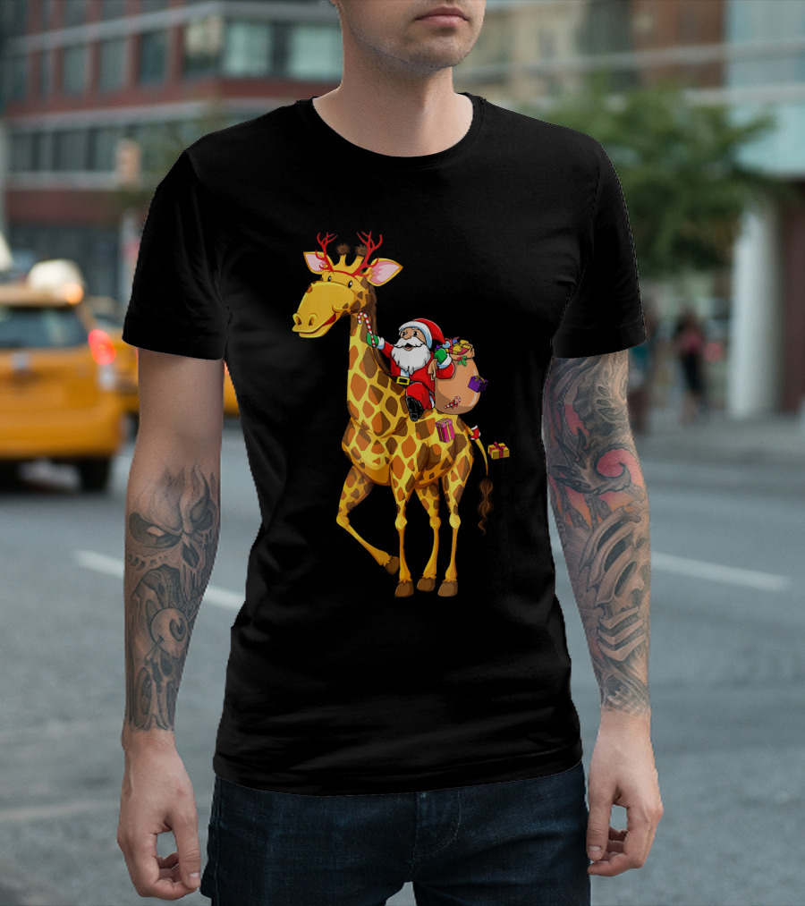 Santa Riding Giraffe Christmas Pajamas T-Shirt