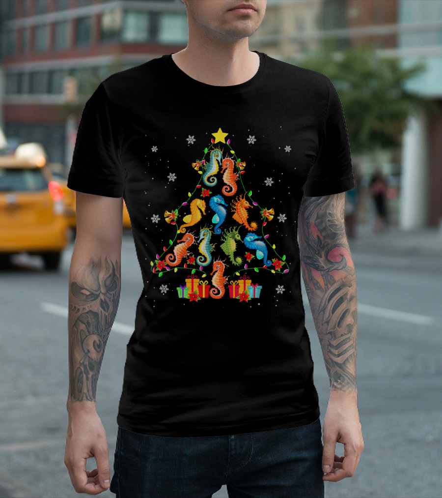 Seahorse Christmas Tree Snowflakes Presents Lights Holiday Mix T-Shirt