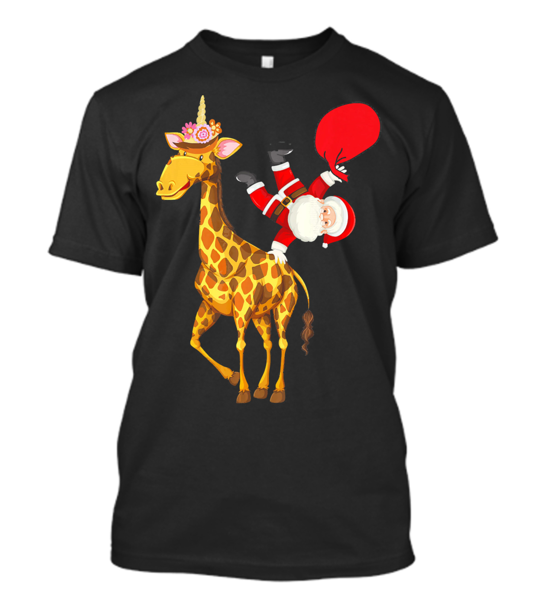 Santa Riding Giraffe Unicorn With Red Gift Bag T-Shirt