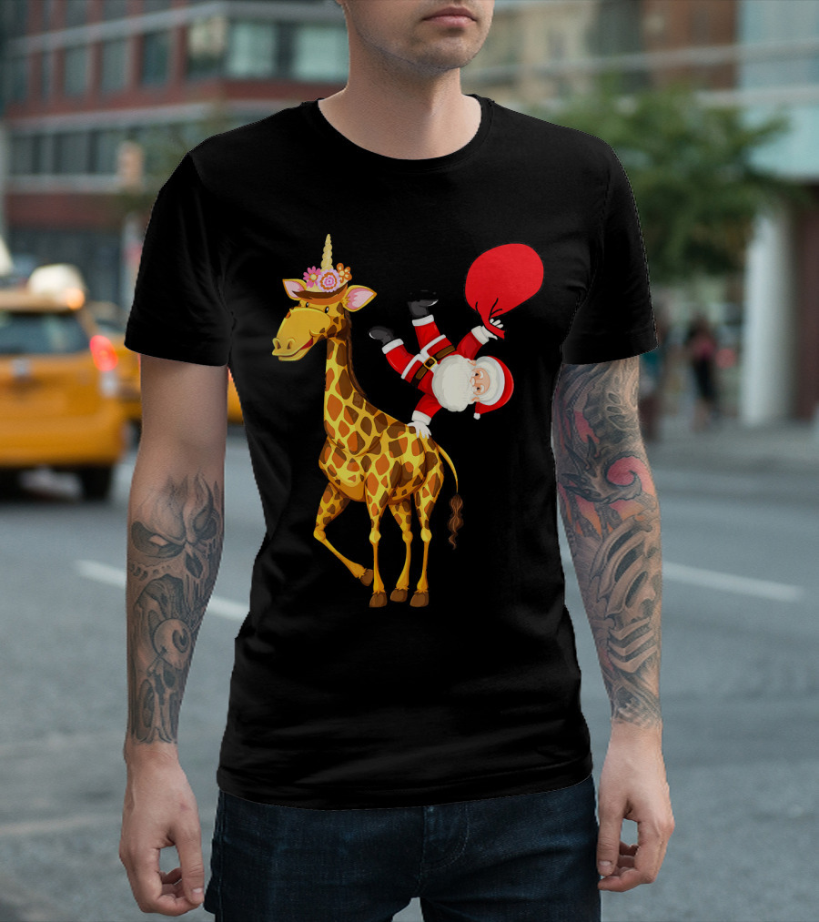 Santa Riding Giraffe Unicorn With Red Gift Bag T-Shirt