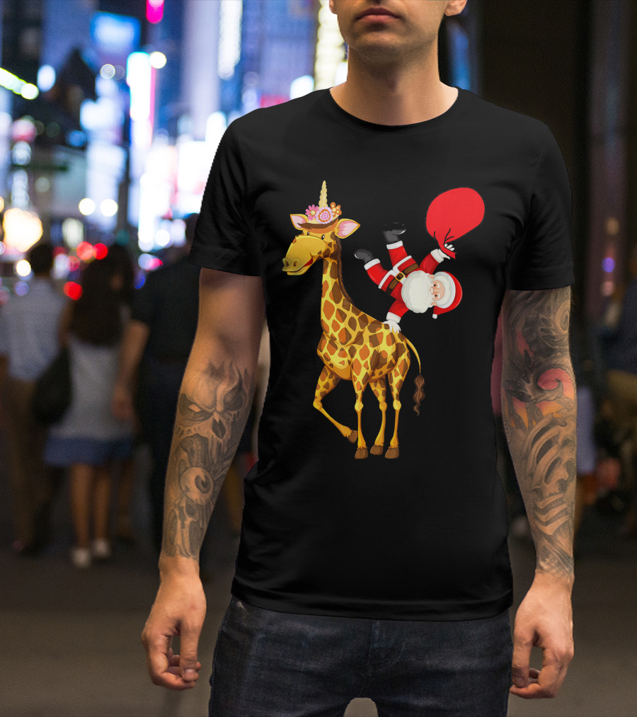 Santa Riding Giraffe Unicorn With Red Gift Bag T-Shirt