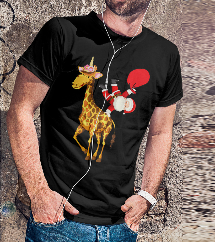Santa Riding Giraffe Unicorn With Red Gift Bag T-Shirt