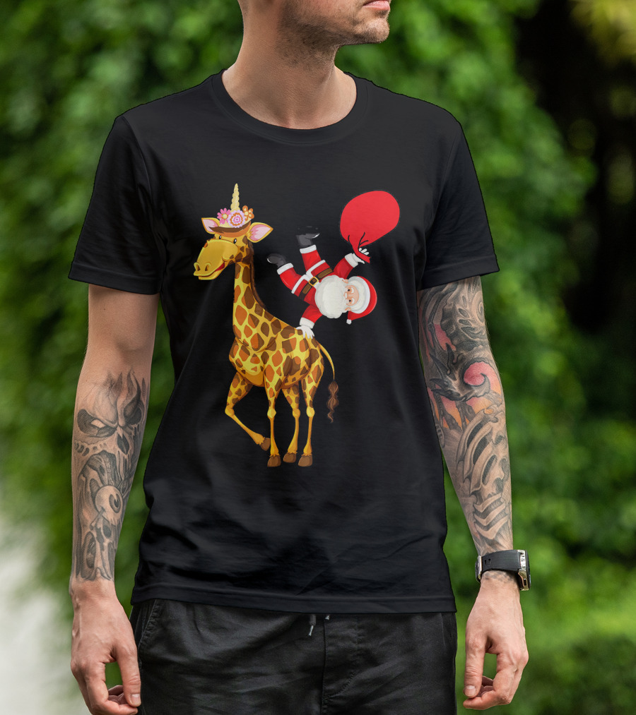 Santa Riding Giraffe Unicorn With Red Gift Bag T-Shirt