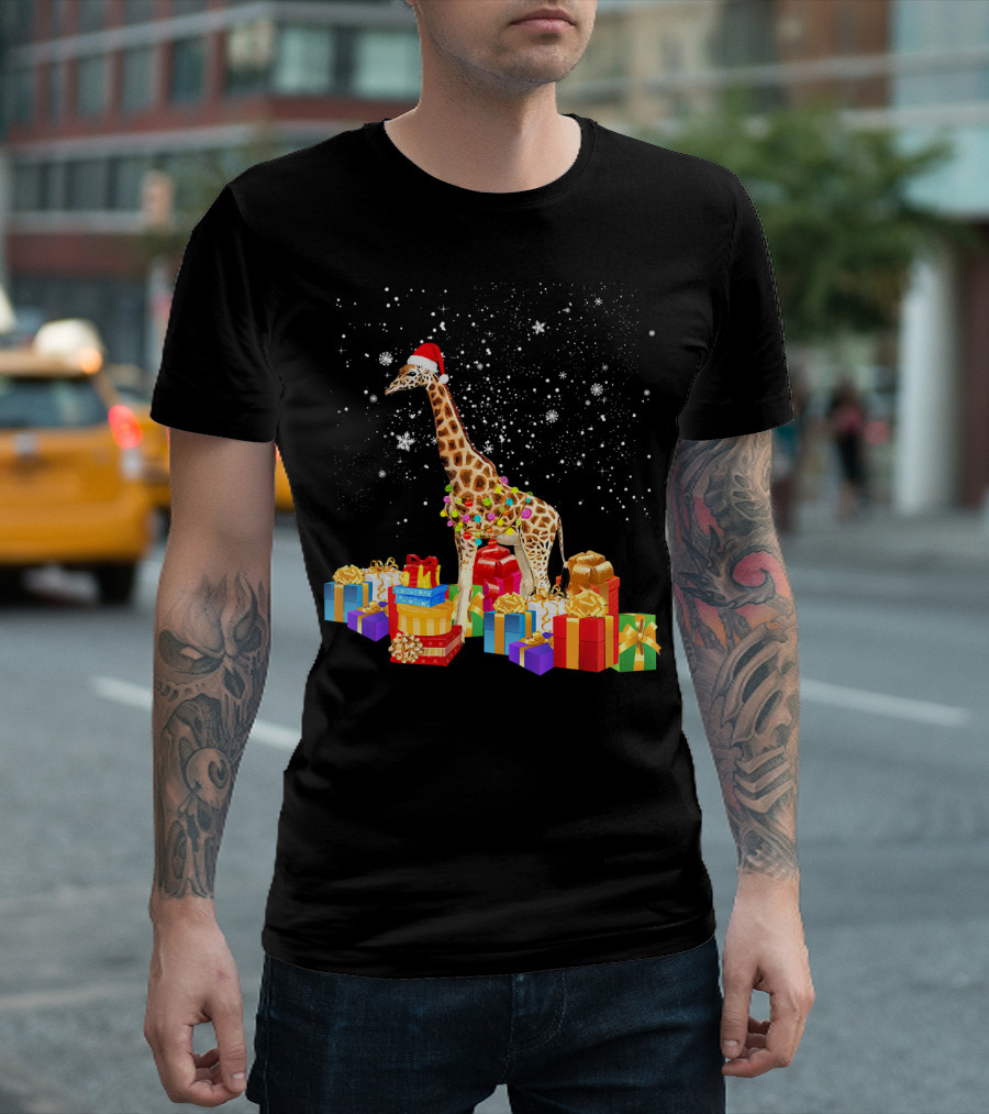 Giraffe with Santa Hat Wrapped in Christmas Lights and Surrounded by Presents T-Shirt