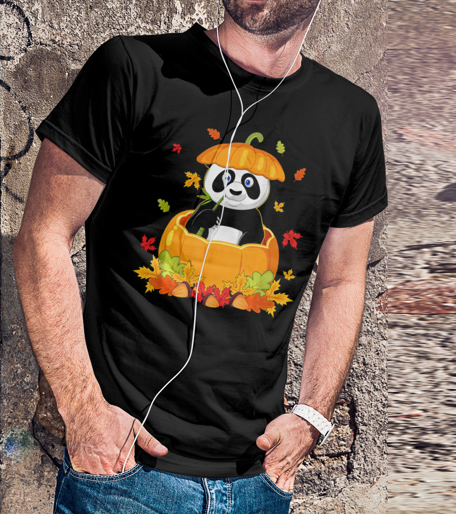 Thanksgiving Panda In Pumpkin With Autumn Leaves T-Shirt