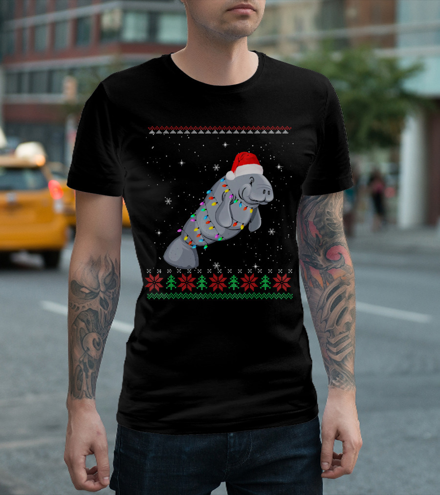 Santa Hat Manatee Wrapped in Christmas Lights and Snowflakes T-Shirt