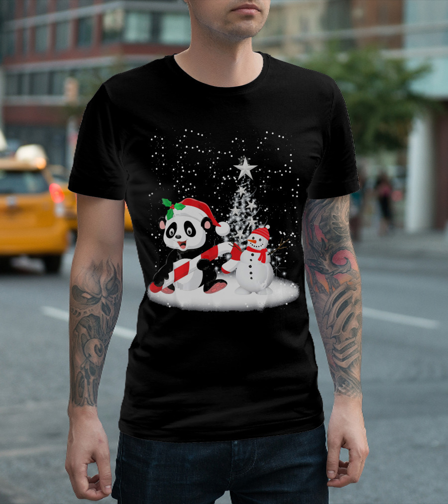 Ugly Christmas Panda with Candy Cane and Snowman in Winter Wonderland T-Shirt