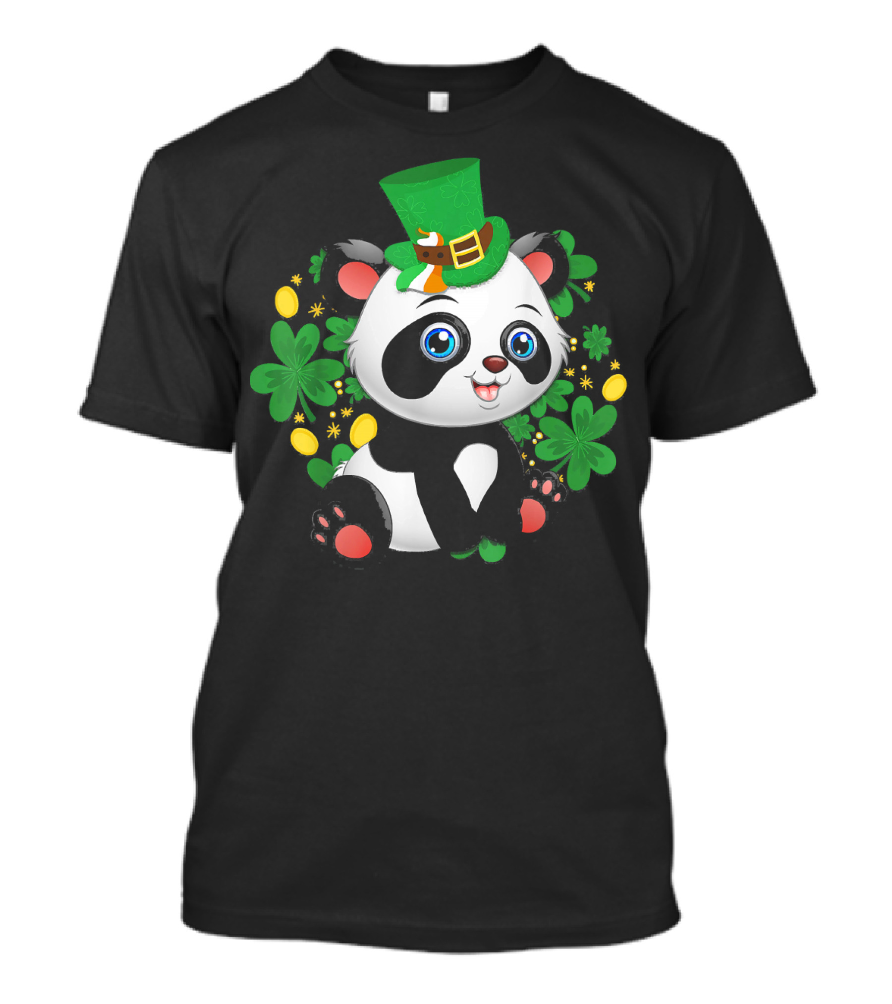 St Patricks Day Panda Cute Bear With Shamrocks And Leprechaun Hat T-Shirt
