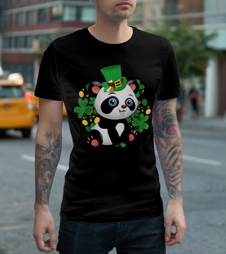 St Patricks Day Panda Cute Bear With Shamrocks And Leprechaun Hat T-Shirt