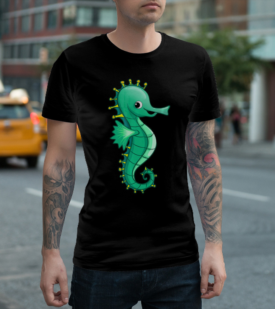 Seahorse Sea Horse Happy Cartoon Green T-Shirt