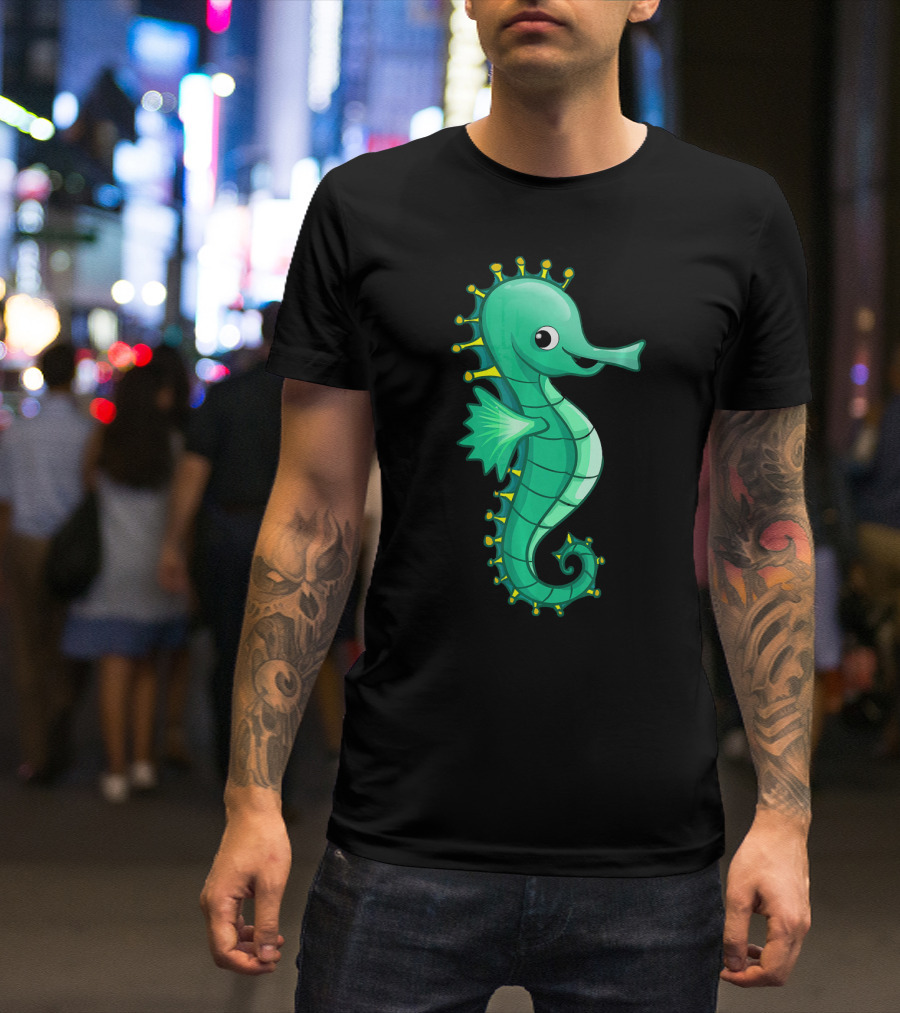 Seahorse Sea Horse Happy Cartoon Green T-Shirt