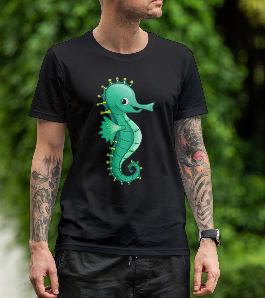 Seahorse Sea Horse Happy Cartoon Green T-Shirt